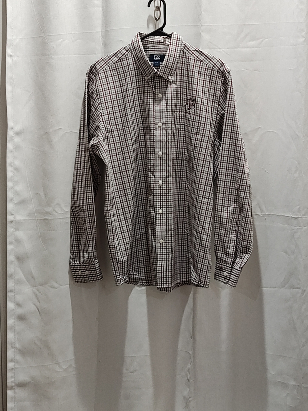 Men's Large Dressy Casual Aggie Logo Shirt Plaid Long Sleeve Maroon & White